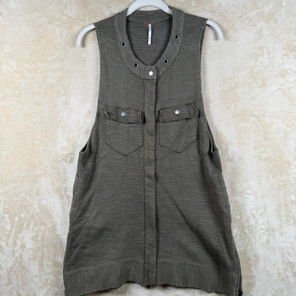 Free People Womens Small Olive Green Slub Knit Vest Zip Front Military Utility